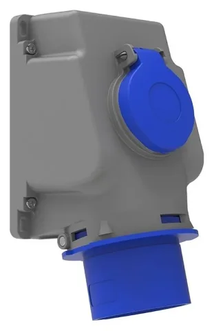 Вилка настенная с дополнительной встраиваемой розеткой, наклон 90° CEE 32A 3P IP44