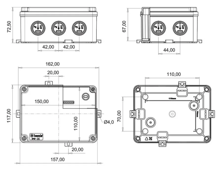 Caja de derivación de plástico 110x150x70 – IP67, tapa opaca atornillada – 2