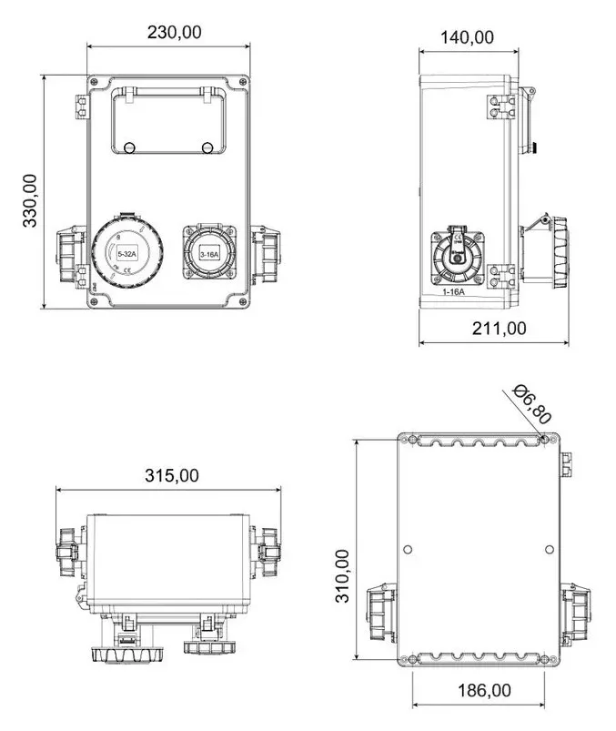 Steckdosenkombination aus Aluminium – IP67, mit Steckdosen – 2