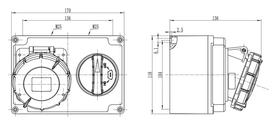 Base de superficie con interruptor y enclavamiento CEE 16A 3P IP67 – 2