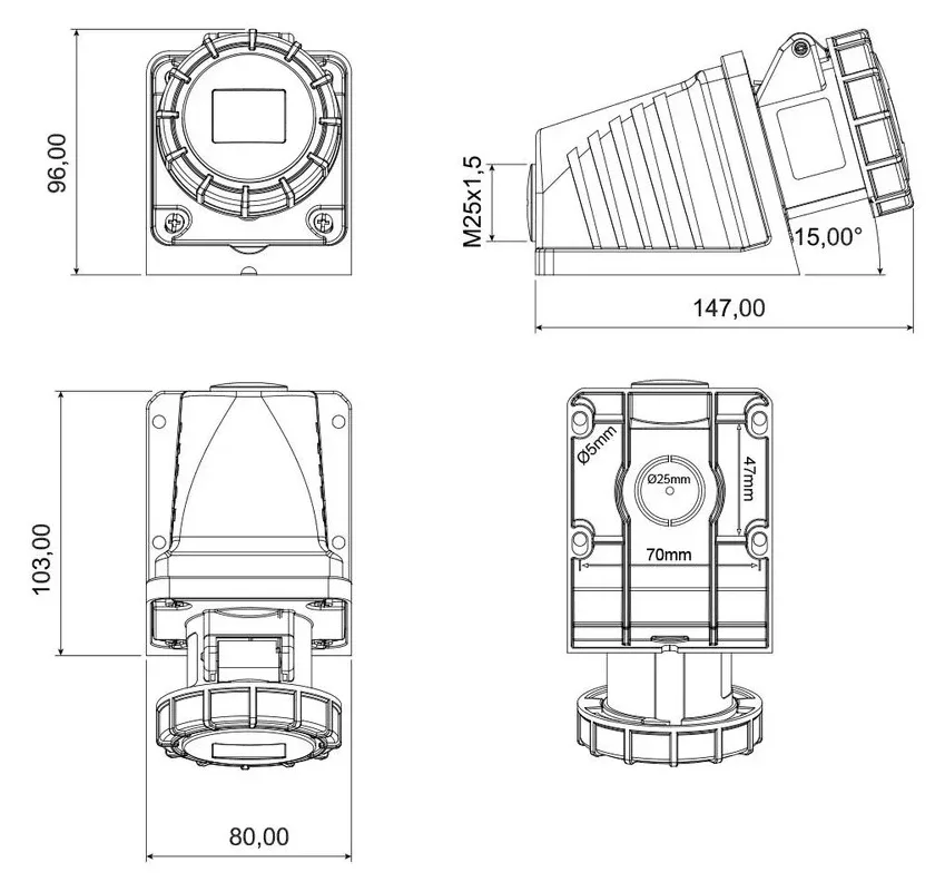 مقبس جداري مائل 90° CEE 16A 4P IP67 – 2
