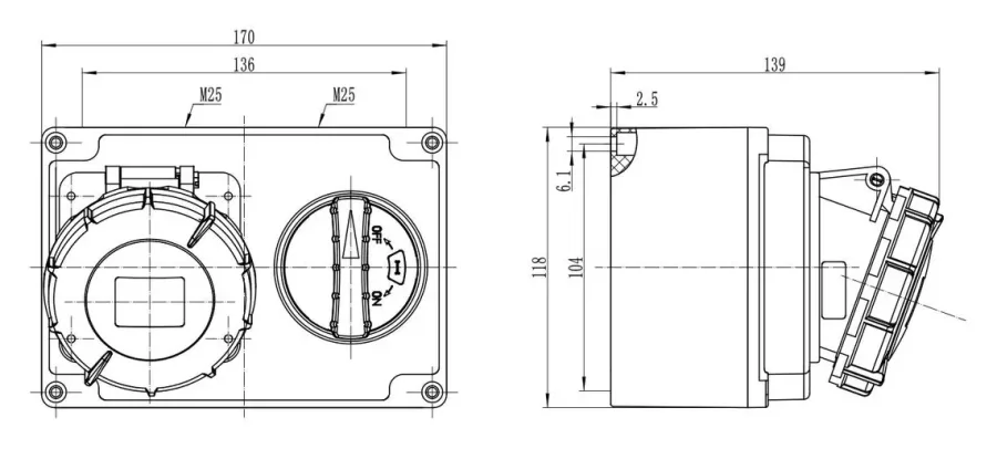 16A 4P IP67 CEE Switched Interlocked Straight Wall-Mounted Socket – 2