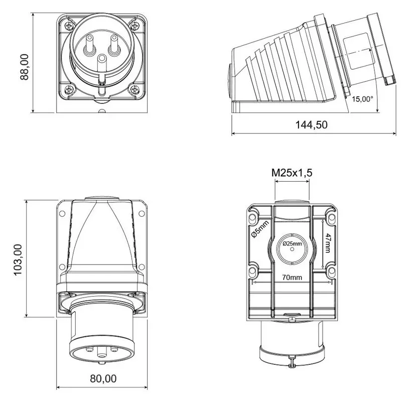 32A 3P IP44 CEE 90° Angled Wall-Mounted Inlet – 2