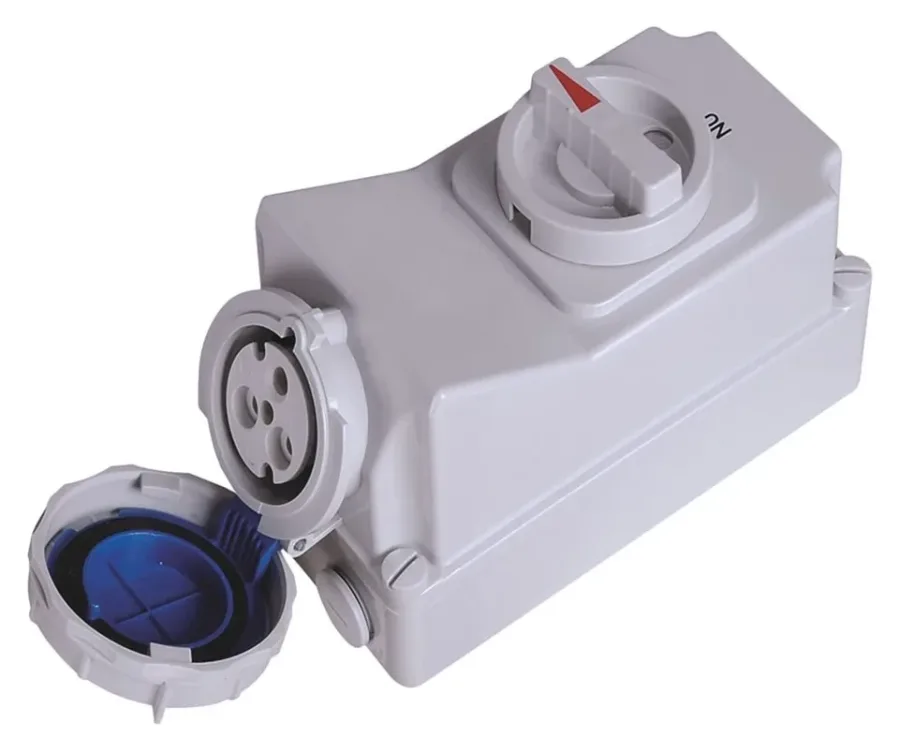 32A 3P IP67 CEE Switched Interlocked 90° Angled Wall-Mounted Socket