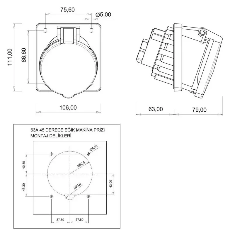 63A 3P IP44 CEE 45° Eğik Makine Prizi – 2