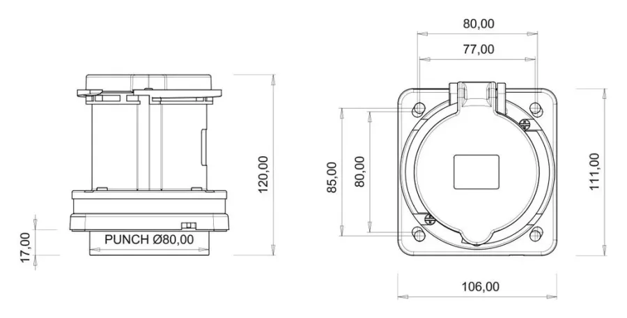 63A 4P IP44 CEE Panel-Mounted Socket – 2