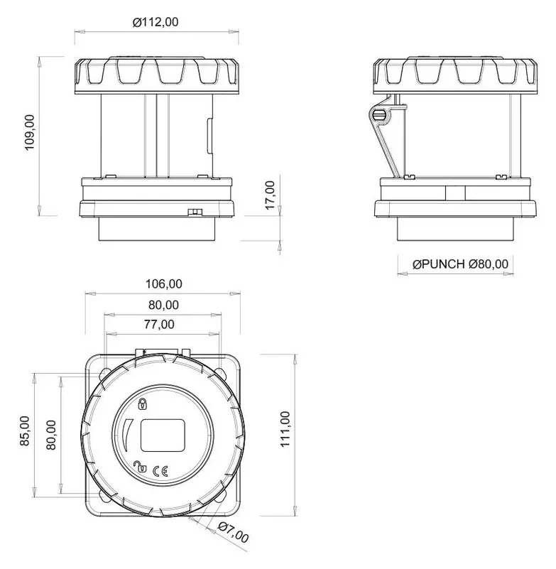 63A 5P IP67 CEE Panel-Mounted Socket – 2
