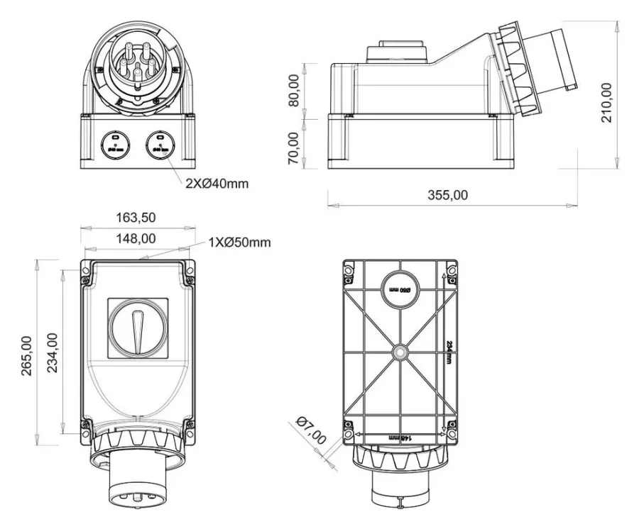 مدخل جداري بمفتاح دوار، مائل 90° CEE 125A 3P IP65 – 2