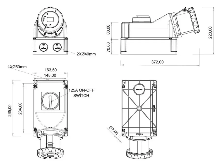 مقبس جداري بمفتاح دوار، مائل 90° CEE 125A 3P IP65 – 2