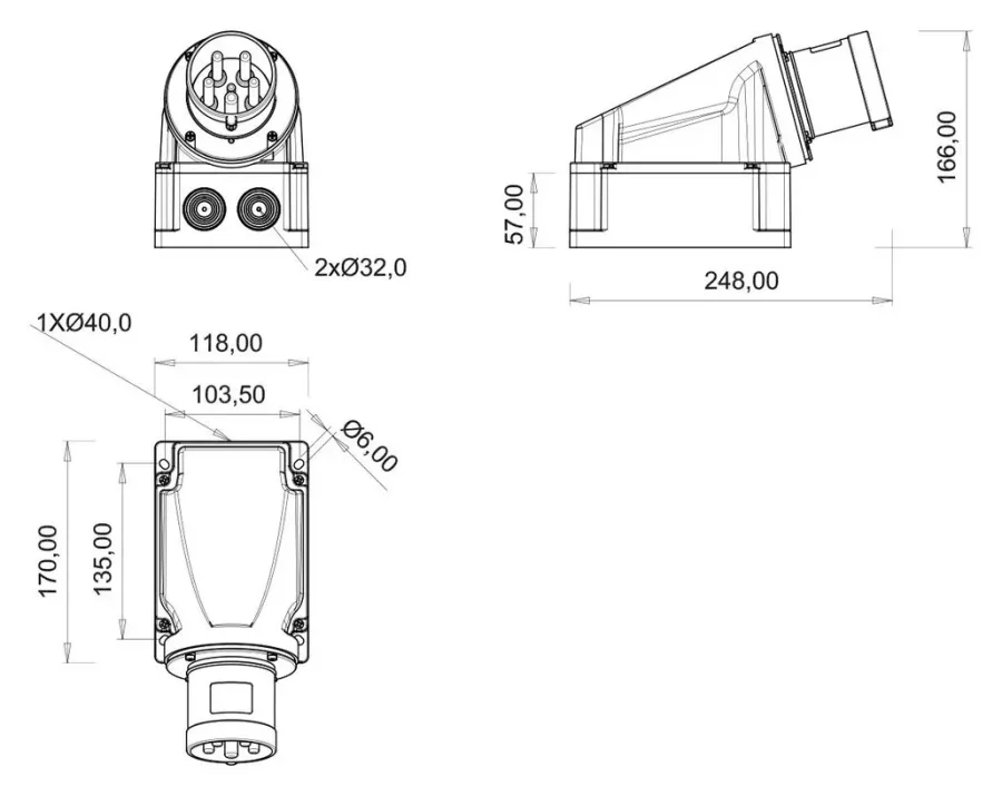 مدخل جداري مائل 90° (بتلامس تحكم) CEE 63A 3P IP44 – 2