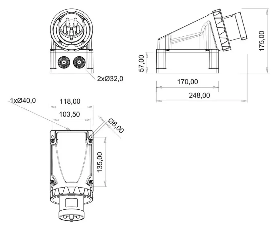 63A 3P IP67 CEE 90° Eğik Duvar Fişi (Pilotlu) – 2