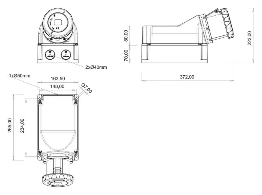 Wandsteckdose, 90° geneigt (mit Pilotkontakt) CEE 125A 3P IP67 – 2