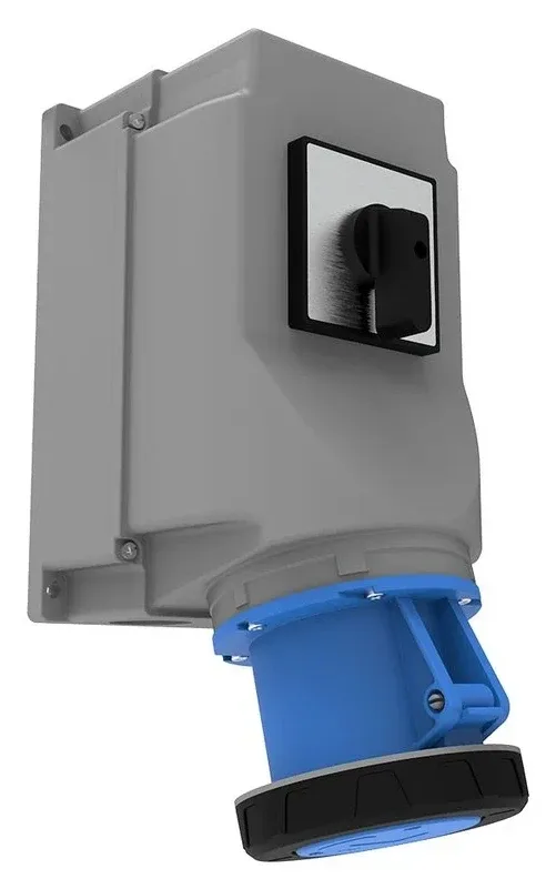 Wandsteckdose mit Drehschalter, 90° geneigt (mit Pilotkontakt) CEE 125A 3P IP67
