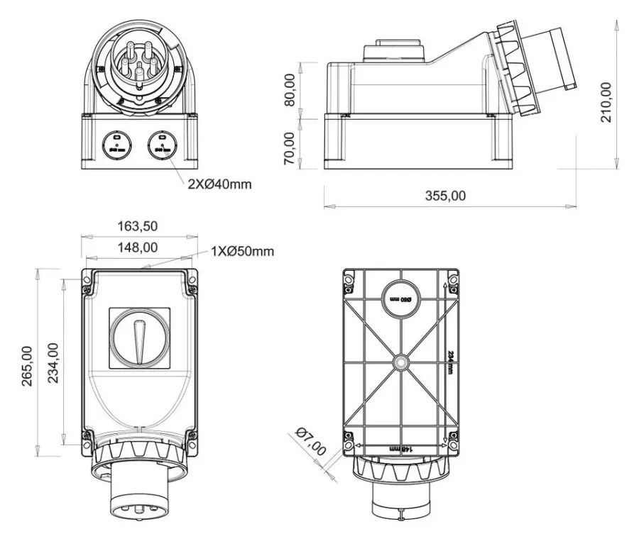 Wandstecker mit Drehschalter, 90° geneigt (mit Pilotkontakt) CEE 125A 4P IP67 – 2