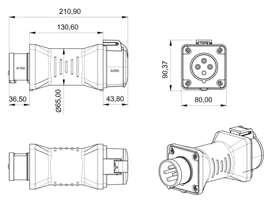 CEE-Adapter: Stecker 16A 4P auf Steckdose 25A 3P – IP44 – 2