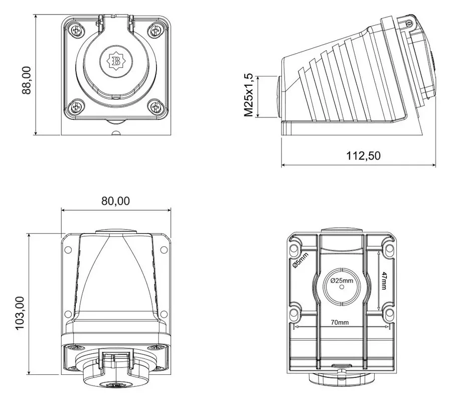 16A IP44 Single-Phase 90° Angled Wall-Mounted Socket – 2