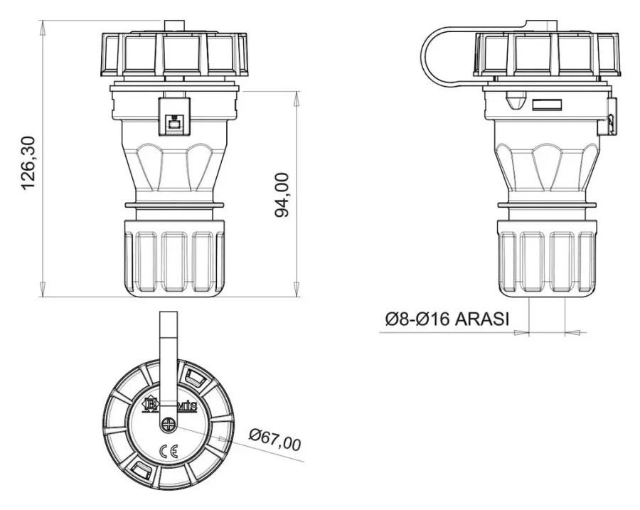 Розетка переносная однофазная 16A IP68 – 2