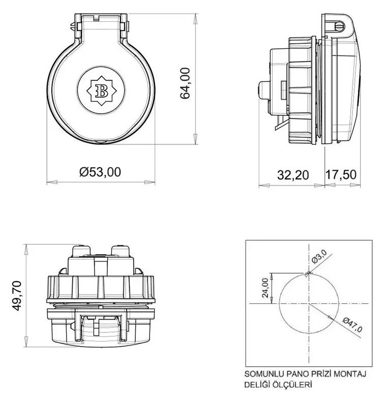 16A IP44 Single-Phase French Type Quick-Connect Panel-Mounted Socket (Nut Fixing) – 2